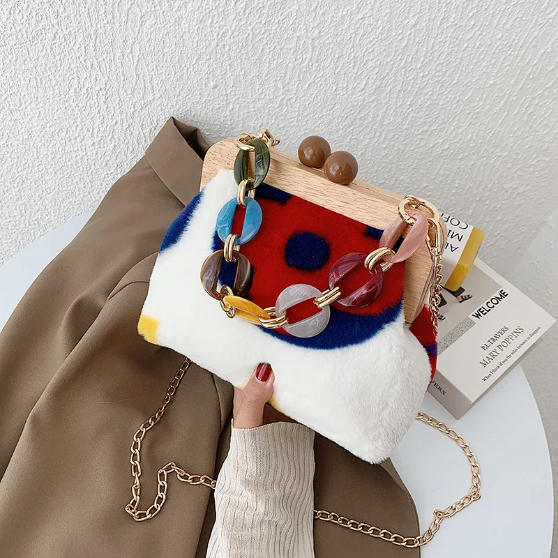 Crossbody Bags Women Wood Clip Autumn And Winter Plush Handbag Korean Acrylic Chain Shoulder Clutch