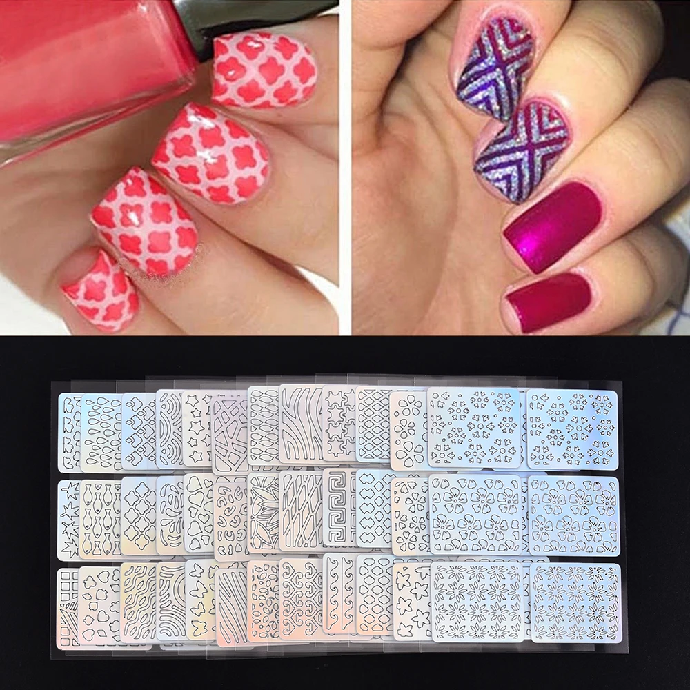 

24Sheet Flower Butterfly Moon Nail Vinyls Hollow Irregular Grid Stencil Butterfly Stripe Line Manicure Sticker DIY Nail Art Tool