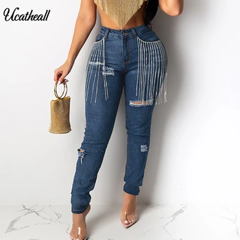 

women summer autumn hole high waist casual zipper fly pencil jeans tassel pocket splicing denim shorts fashion pants