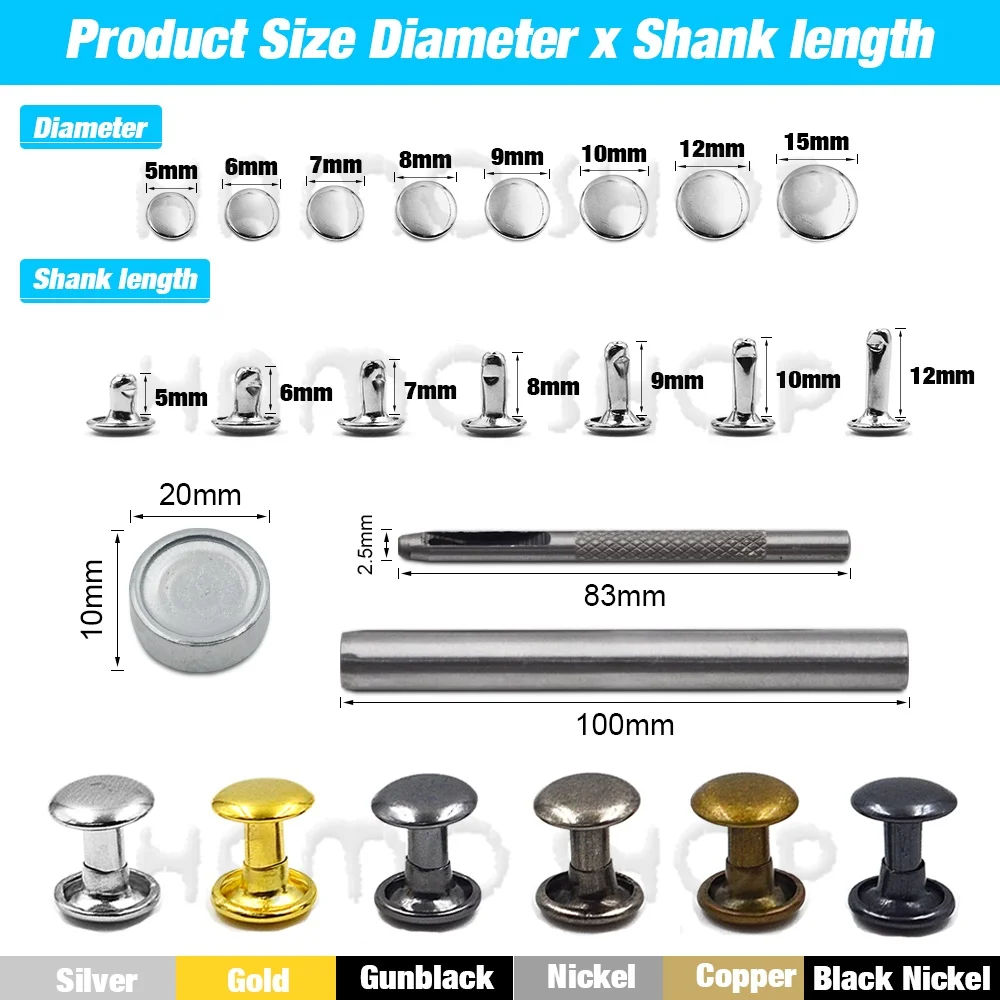 Description Picture 3 of item100Sets 5-15mm Metal Double Cap Rivets Stud Round Nail Rivet With Tool For Leathercraft Accessories Shoes Bag Belt Cloth Garment