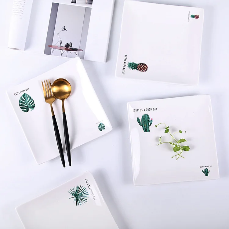 

Northern European-Style Green Vegetation Leaf Square Dish Ceramic Tableware Bowl Dish & Plate Set Creative Steak Western Food Pl