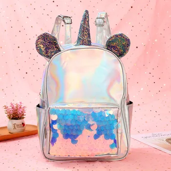 

Women Sequins Backpack Silver Unicorn Schoolbags For Student Girls Satchel Female mochila de couro Packpack School Shoulders Bag