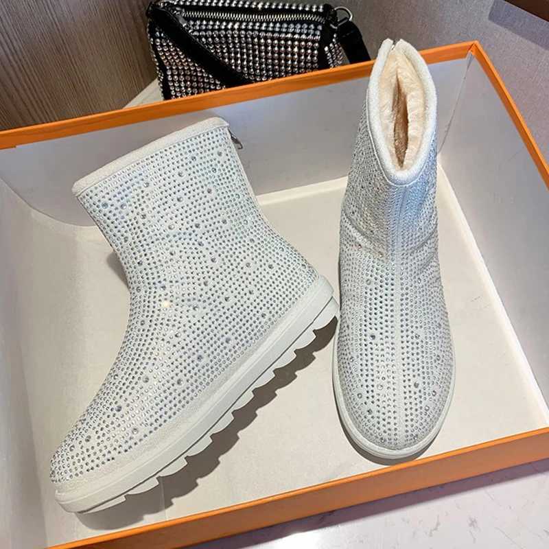 Snow Boots Female Women Shoes Bling Zircon Flat Boots Woman Plush Warm Winter Ankle Boots For Women Fashion Ladies Platform Shoe
