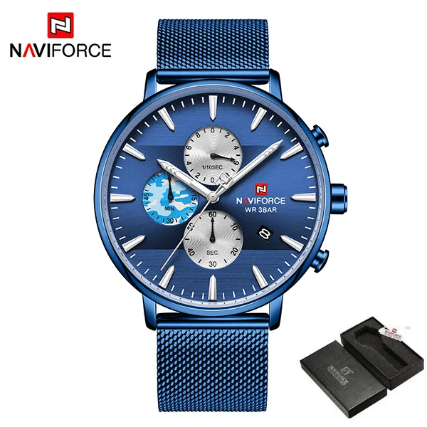 NAVIFORCE мужские часы модные водонепроницаемые часы Топ люксовый бренд хронограф кварцевые наручные часы для мужчин Relogio Masculino - Цвет: BlueWithBox
