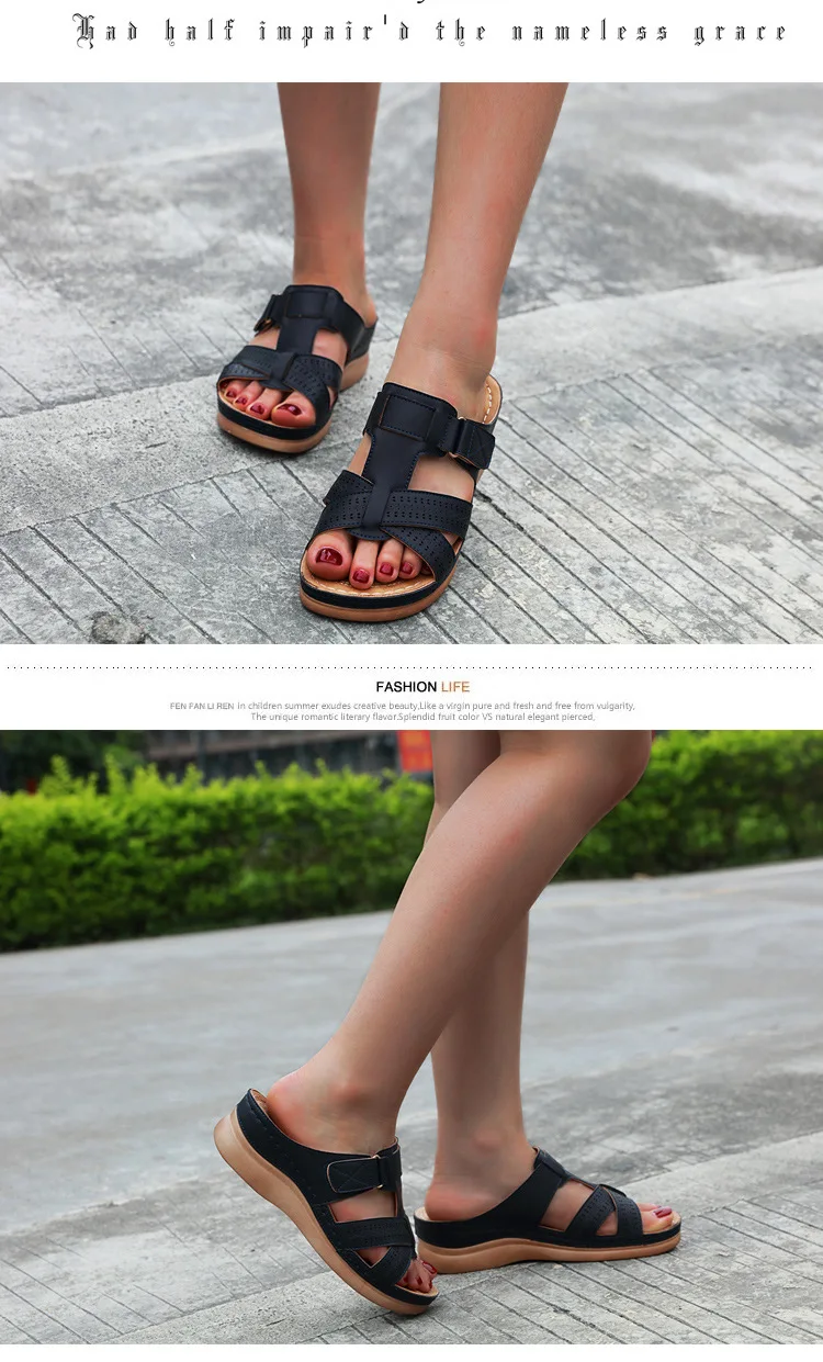 2022 Summer Women Wedge Sandals Premium Orthopedic Open Toe Sandals Vintage Anti-slip Leather Casual Female Platform Retro Shoes