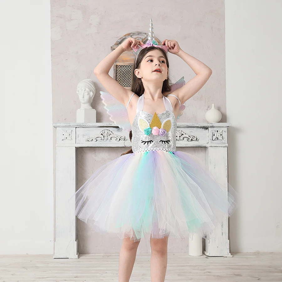Sequin Unicorn Flower Girls Tutu Dress Pastel Rainbow Pony Dress Kids Halloween Birthday Party Carnival Costume Unicorn Outfit (4)