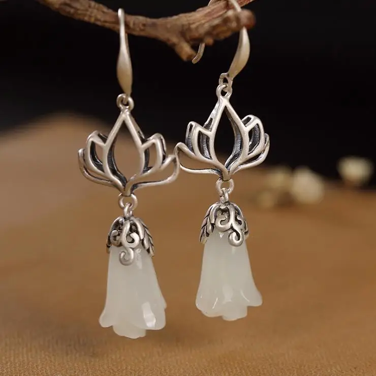Original design natural Hetian white jade magnolia flower earrings Chinese style retro charm women's brand silver jewelry flower earrings silver jewelry