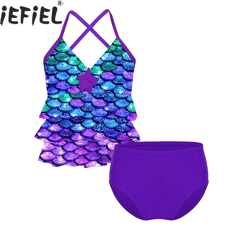 

2Pcs Kids Girls Mermaid Swimwear Kid Starfish Fish Scales Print Tankini Bikini Suit Sleeveless Swimsuit Bathing Suit Beachwear