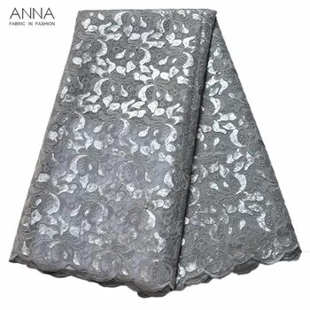 

Anna silver gray sequin lace fabric high quality tulle laces african embroidery with beads and stones 5 yards/piece for sewing