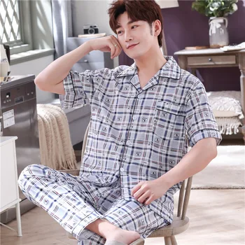 

Pajamas MEN'S Short Sleeve Shirt Trousers Spring and Summer Pure Cotton Thin Middle-aged Long Sleeve Tracksuit Two-Piece Set