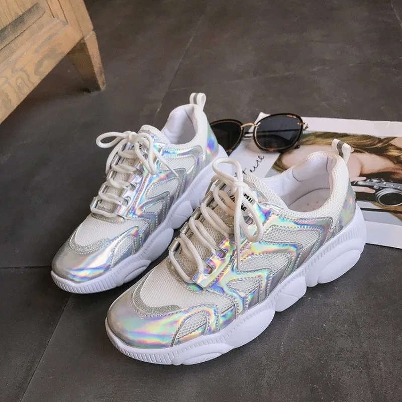 

Laser Glitter Women's Chunky Sneakers Fashion Women Platform Shoes Lace Up Pink Vulcanize Shoes Womens Female Trainers H14-50