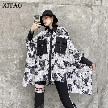 

XITAO Vintage Letter Print Pattern Shirt Personality Bat Sleeve Streetwear Plus Size Womens Tops and Blouses Fashion DMY3215