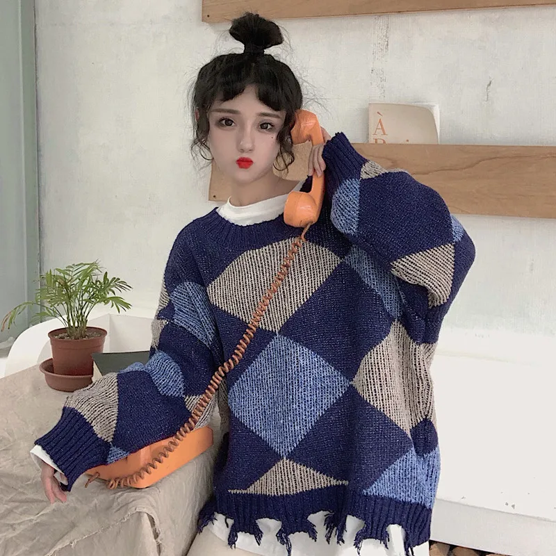 Зимний женский стильный свитер,, Harajuku одежда, женские свитера и пуловеры, Argyle, подходят ко всему, на каждый день, элегантные, теплые