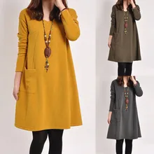 Осенне-зимнее женское платье с длинным рукавом, платье размера плюс, женское школьное платье с карманами, одноцветное свободное платье с круглым вырезом#20