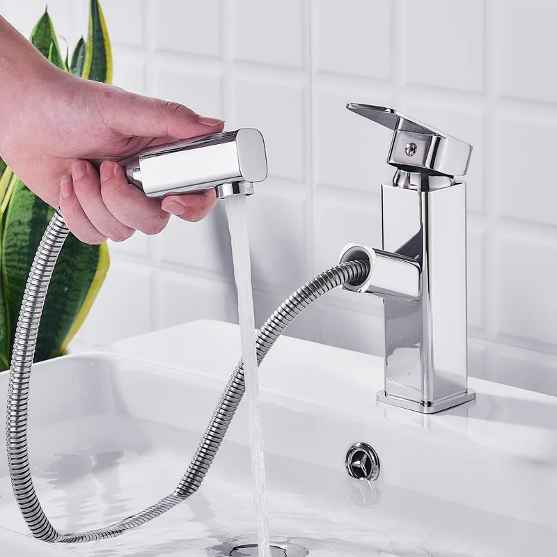 

Matte Black Pull Out Basin Faucet Bathroom Wash Basin Tap Deck Mounted Cold Hot Water Mixer Faucet Chrome