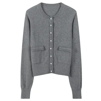 

Runway Pearl Buttons Lady Knitted Cardigan Female Coat Single Breasted Pockets Jumper Autumn Winter Oversized Women Sweater Tops