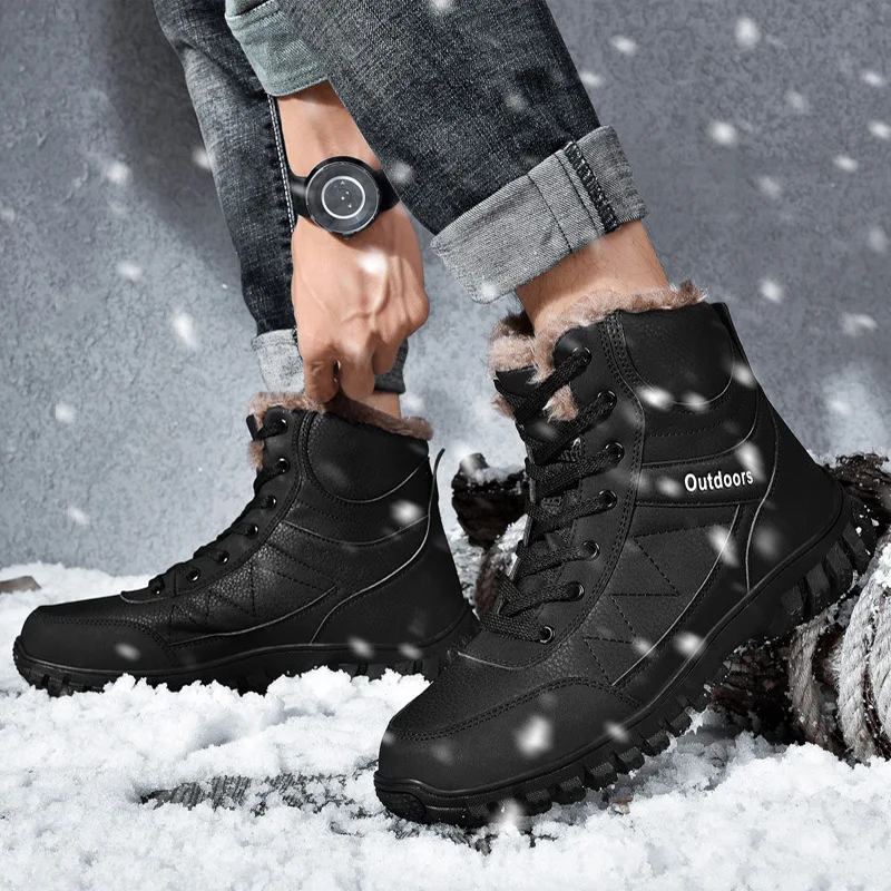 

2019 Autumn And Winter Outdoor Sneakers Men's Hight-top Genuine Leather plus Velvet Warm Anti-slip Snow Boots Large Size Cotton-