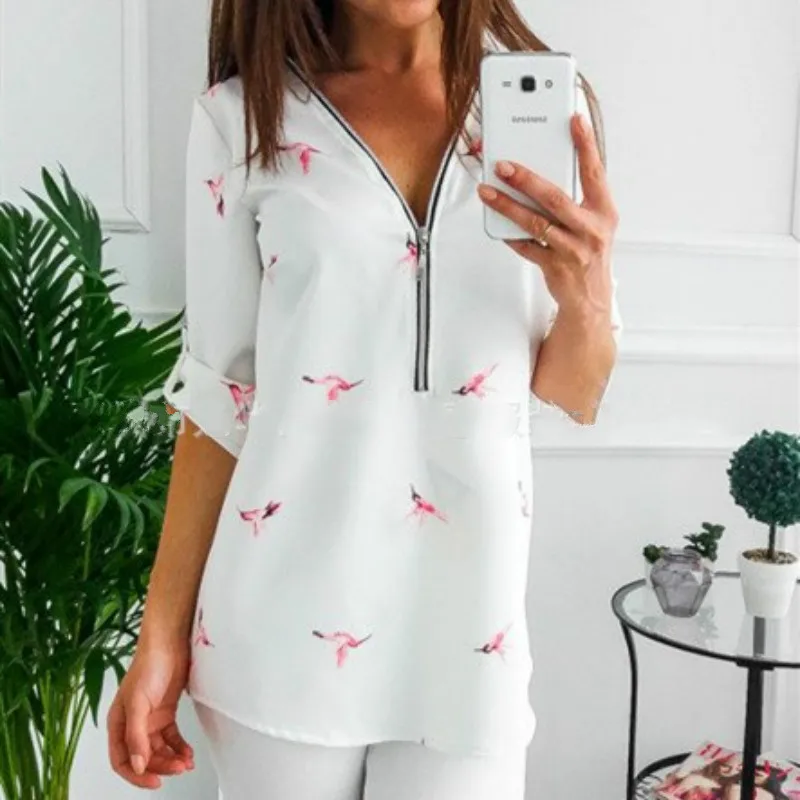 Spring Office Shirt Vintage Floral Print Zipper V Neck Chiffon Blouse Autumn Long Sleeve Women Blouses Plus Size Tops 5XL Mujer