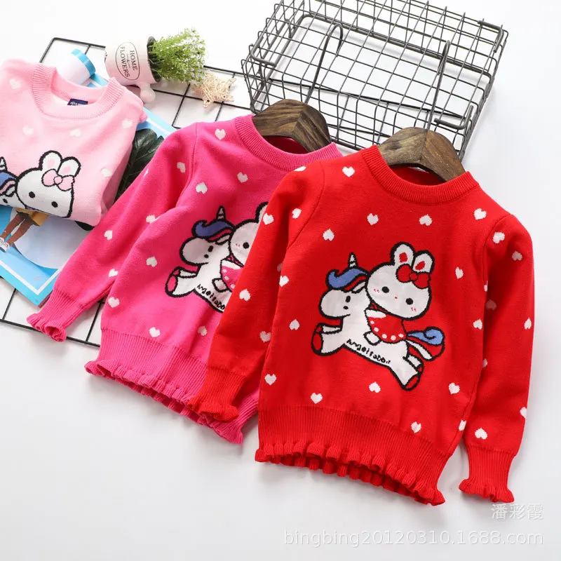 

Bunny Trojan Girls Cotton Thread Sweater Children Frilled Yarn Sweater Autumn And Winter Childrenswear My940