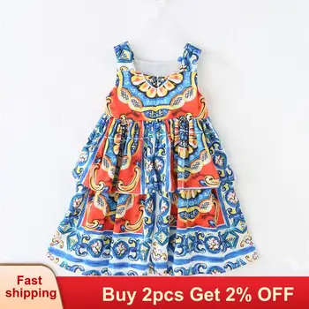 

Girls Dress Summer European And American Dress For 3-9Y girls Children Sleeveless Pattern Printing Dress Kids Princess Dress