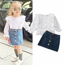 От 1 до 6 лет комплекты одежды для маленьких девочек футболка в полоску с рукавами-крылышками+ синяя джинсовая юбка трапециевидной формы