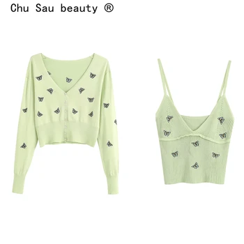

2020 new fashion two-piece suit butterfly embroidery green stretch short V-neck strap tops + knitted cardigan sweater coat women
