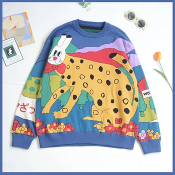 

Mori Girl Vintage Cute Jacquard Rabbit Sweater Knit Pullovers Autumn Winter Japanese Harajuku Soft Girl Ulzzang knitted Tops