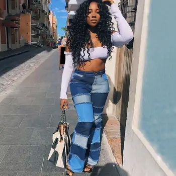 

Color Block High Waist Skinny Flare Jeans Women Pockets 2019 Streetwear Sexy Trousers Bell Bottoms Denim Jean Pants