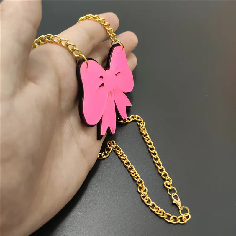 KUGUYS Halskette mit Anhänger aus Acryl, glitzernd, rosa Schleife, für Damen, niedlicher Modeschmuck, Sommer-Accessoires – Detail 7