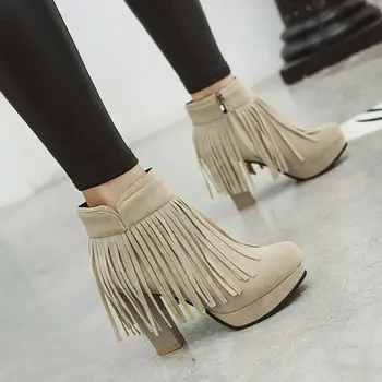 

New Ladies Tassel Booties High Heel Autumn Ankle Boots Zipper Casual Shoes Plus Size
