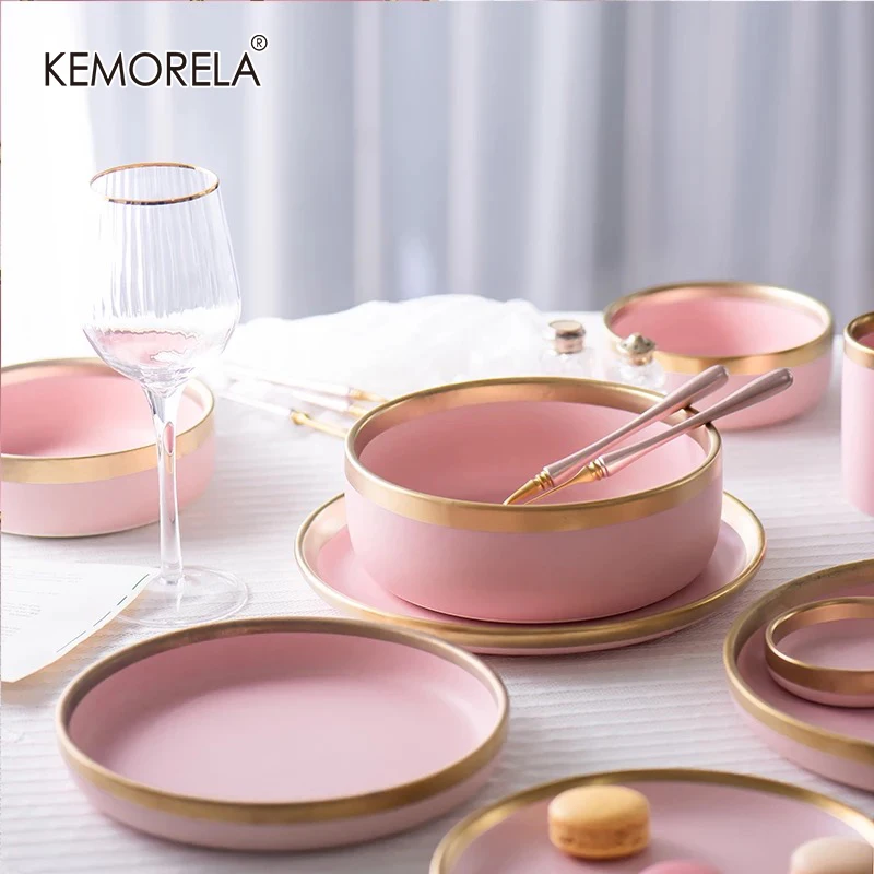 1pcs European Style Matte Powder Gold Ceramic Western Tableware Rice Dish cup Steak Dish Western Dessert Plate Nordic Style