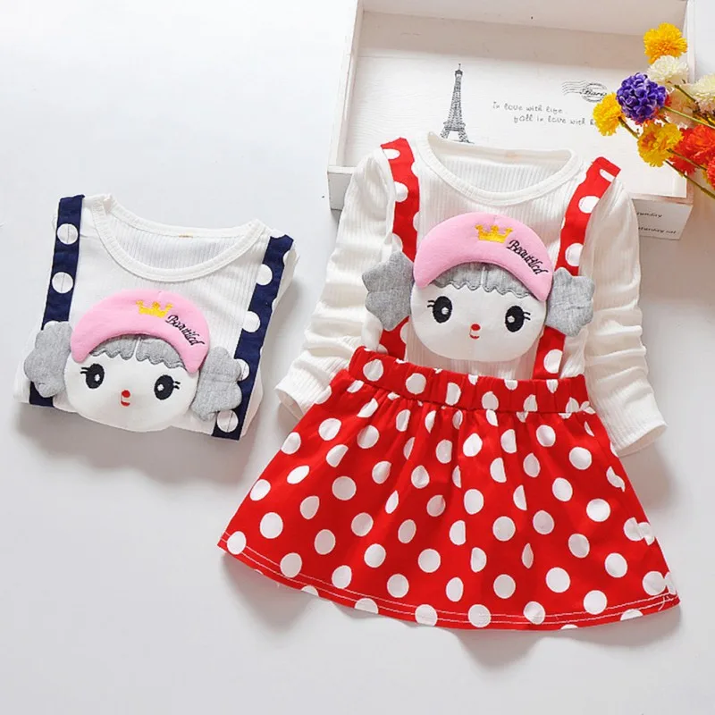 

Spring Autumn Baby Kids Girls Long Sleeve Cartoon Letter Pattern Dress 2 Colors Cotton Dot Pattern Fake 2 Piece Princess Dress