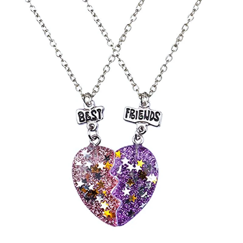 Hot Sequin Stitching Heart Broken Best Friends Necklace Pendant Chain BFF Friendship Jewelry Gifts For Kids 2PCS/Set
