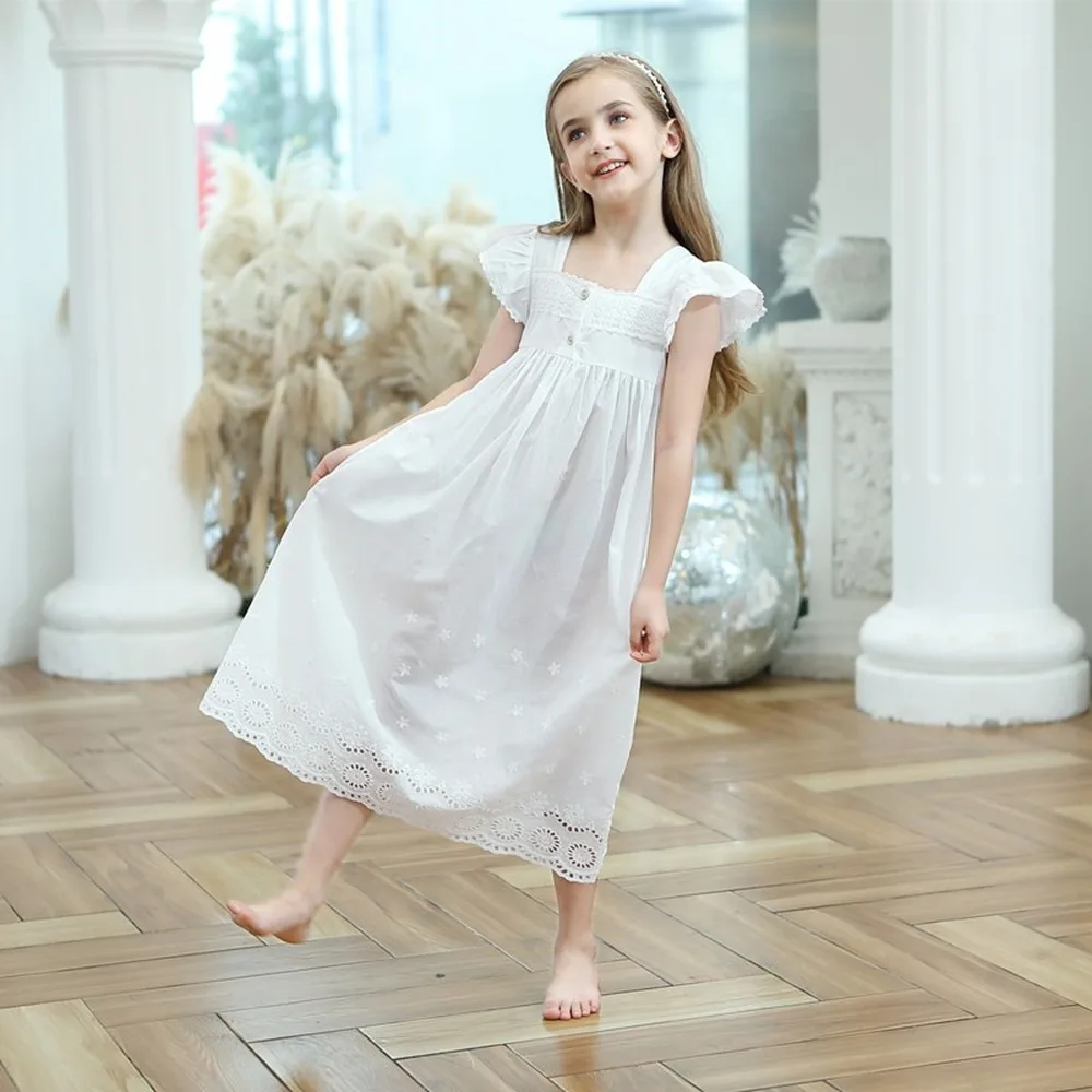 Children's Nightgown Summer  Baby Girls Clothes Lace Pure Cool Breathable European Girl Princess  Vintage Nightdress Pajamas