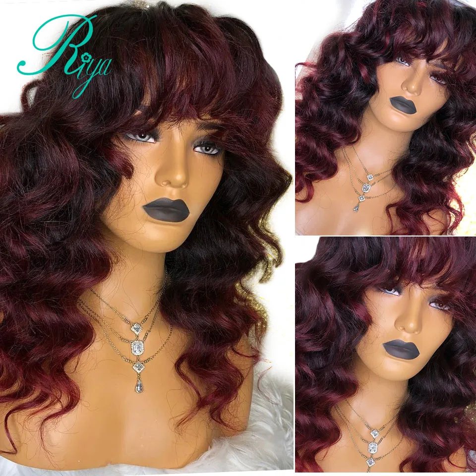 

13X6 Deep Invisible Burgundy 1B99J Ombre Color Lace Front Human Hair Wigs With Bangs Preplucked Closure Wavy Wig Indian Remy