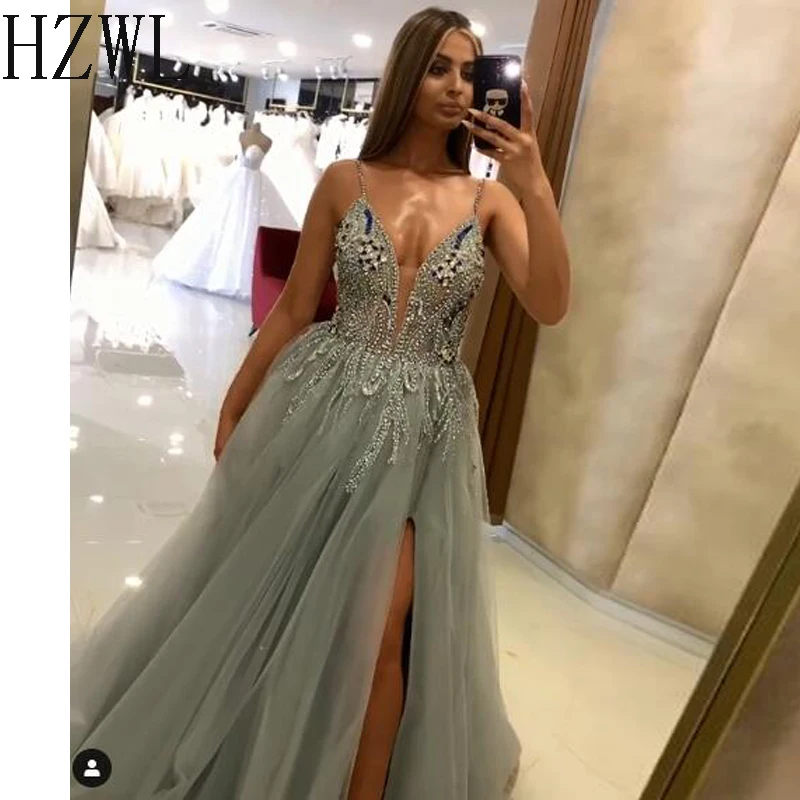 

Spaghetti Sheer Neck High Split Beaded Crystal Top Tulle Evening Dresses A-Line Ruffle Zipper Back Floor Length Prom Dress