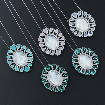 

Newranos Blue Green Virgin Mary Pendant Necklace Cubic Zirconia Shell Pearl Crystal Pendant Necklace for Women Jewelry PGY001
