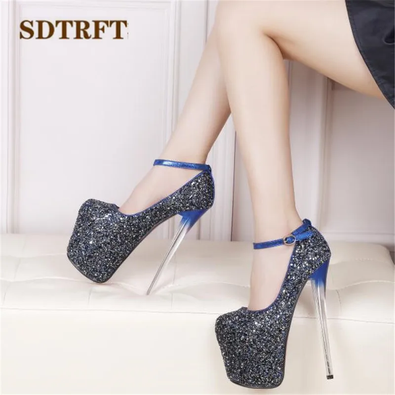 

SDTRFT Sequins Pumps Ladies Platform shoes woman 19cm Ultra high thin heels zapatos mujer Nighclub Ankle Strap single Stiletto
