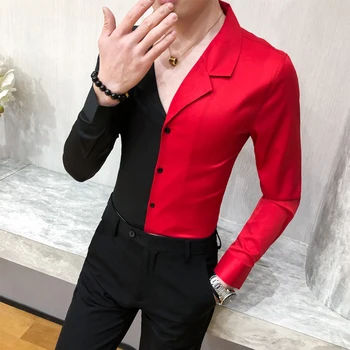

Fashion Spring Autumn Men's Long Sleeve Shirts Black Red White Splicing Slim Fit Casual Shirts Korean Style Hairdresser Shirt