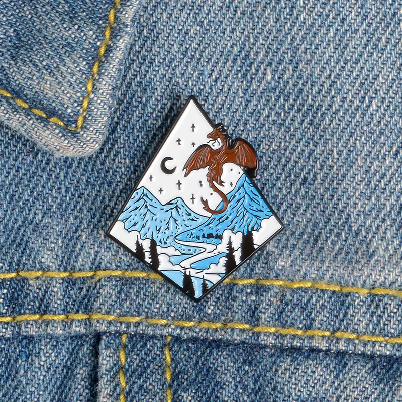 Snow mountain flying dragon brooch cartoon moonlight forest nature adventure scenery jewelry backpack badge friend gift | Украшения и