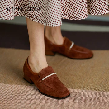 

SOPHITINA Office Lady Flat Woman Winter Kid Suede Wool Insole String Bead Low Square Heel Flat Dress Shoes PO826