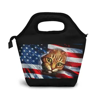 

USA American Flag Cat Kitten Shirt Funny Lunch Bag Boxes Bags Portable Insulated Picnic Food Box for Women Men