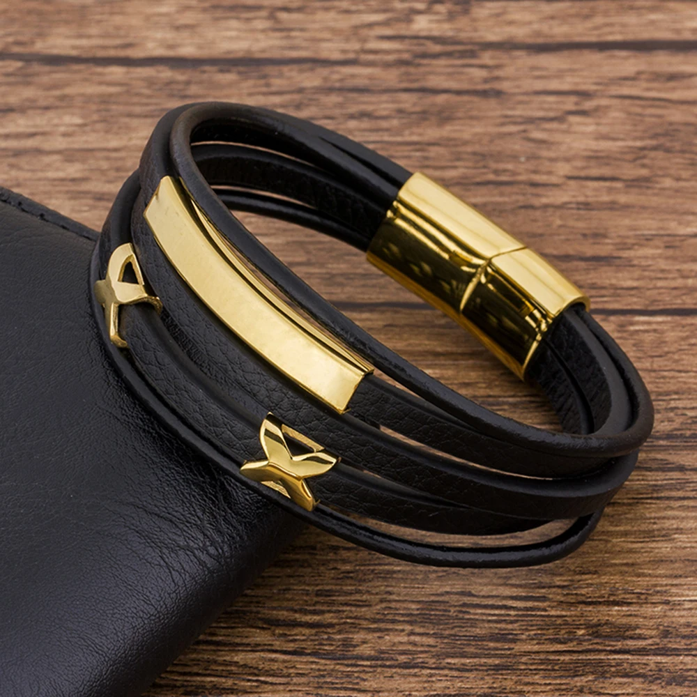 Magnet Stainless Steel Charm Bracelet for Men Genuine Leather Multilayer Braided - Image 2