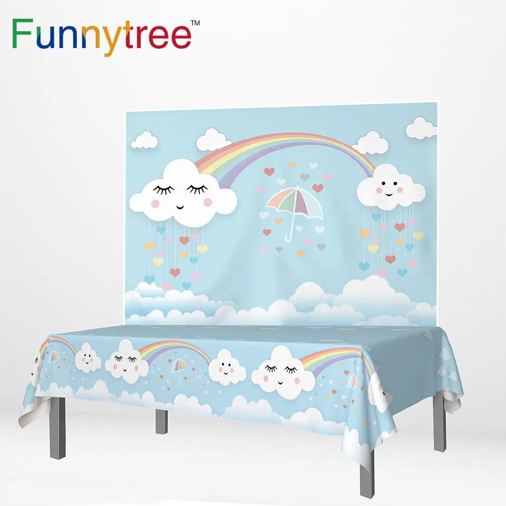 Funnytree banner party photo blue boy baby shower rainbow Cartoon clouds background birthday backdrop tablecloth photophone |