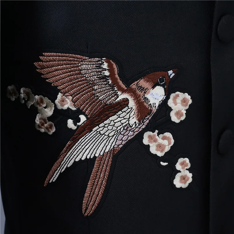 Bird and fish print men's chinese style suit set(jacket+pant) slim stand-up collar black classic business Chinese tunic suit