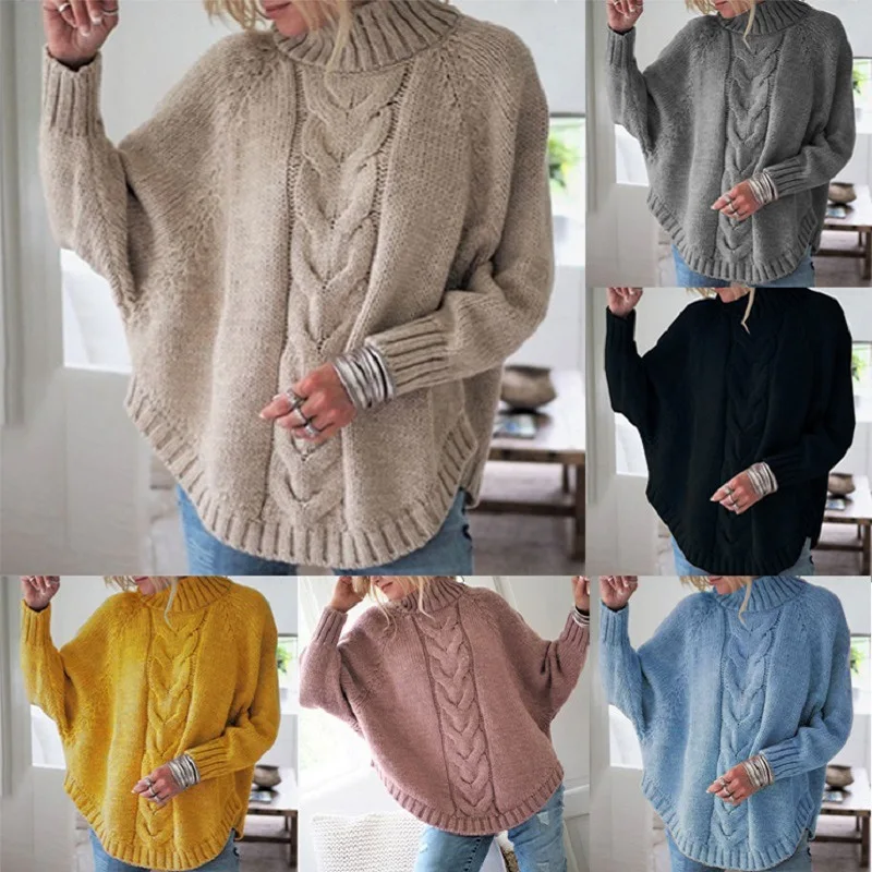 2019 Women Sweaters outdoor Tureleneck Bat Sleeve Knitted Sweater Loose wear Winter Thick Femme Lady Girl Clothes Black Color | Женская