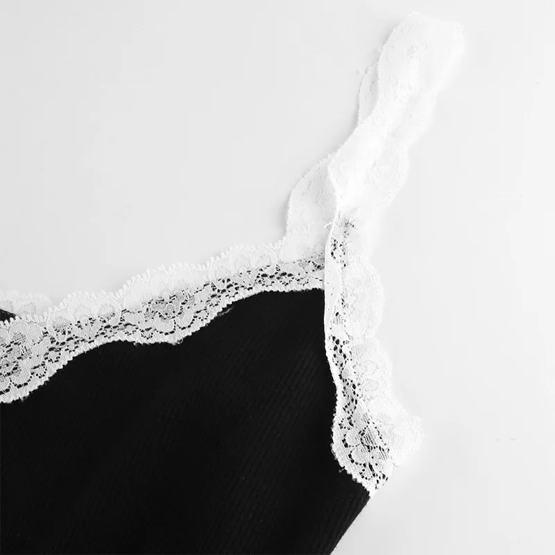 ALLNeon E-girl Y2K Spaghetti Strap V-neck Black Camis Dresses 90s Vintage Chic Criss-cross with Lace Ribbed Mini Party Dress