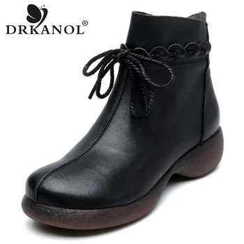 

DRKANOL Fashion Side Zipper Ankle Boots Women Genuine Leather Flat Chelsea Boots Ladies Vintage Handmade Platform Short Boots