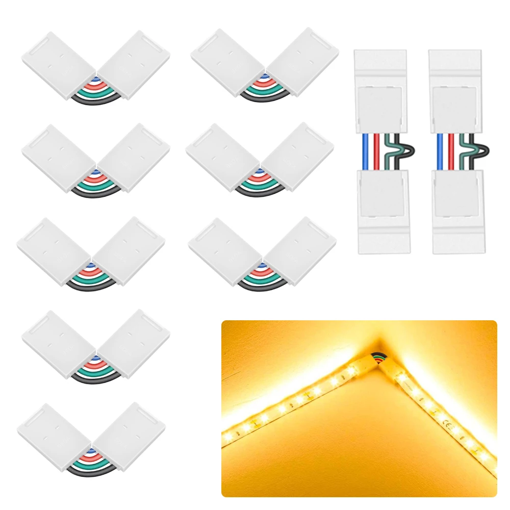 Connettori a 4 pin a forma di L da 10 pezzi connettori a striscia LED regolabili (90-180 gradi) per strisce luminose a LED RGB da 10mm di larghezza 5050