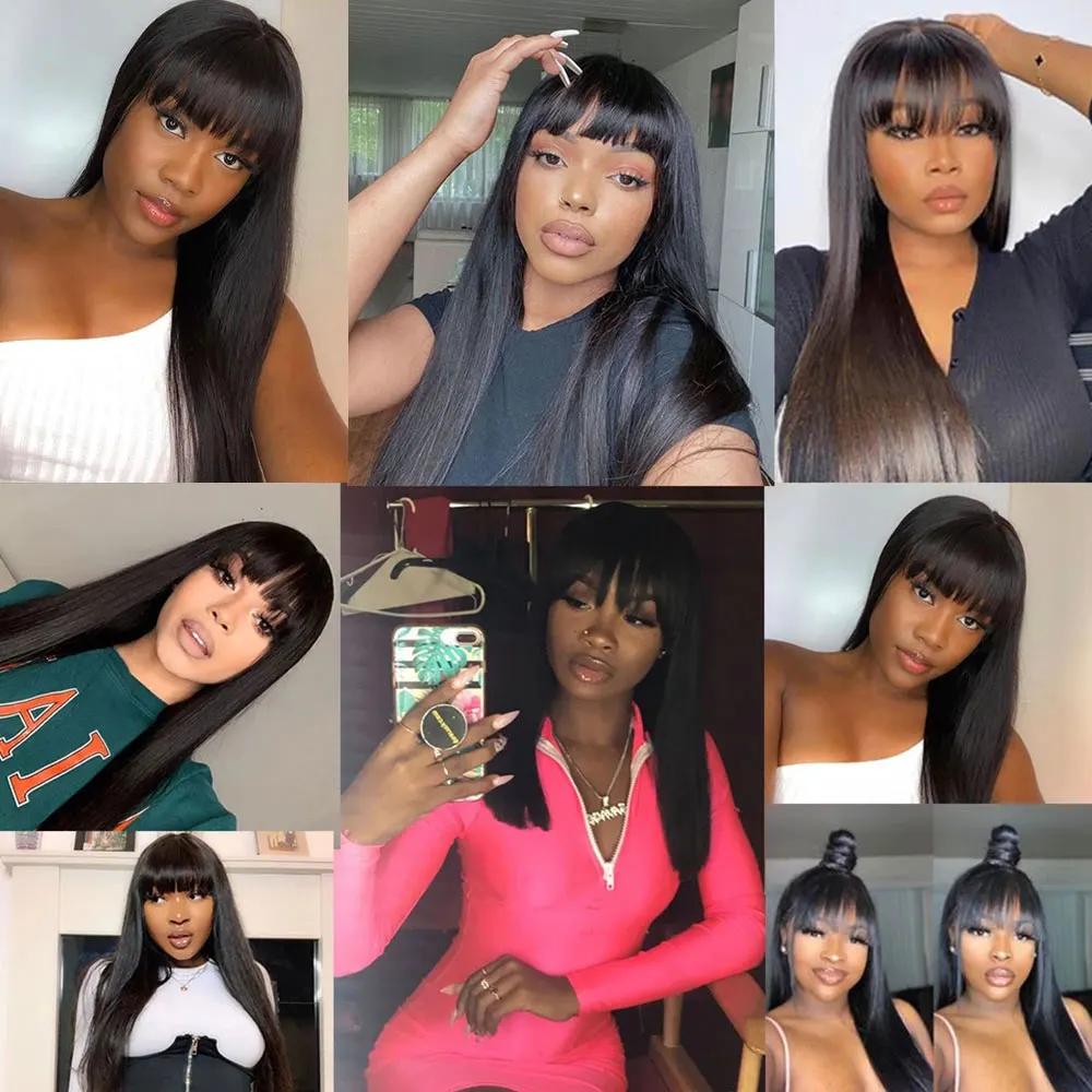 Straight Human Hair Wigs With Bangs 30 Inch Bone Straight Human Hair Wig Full Machine Hair Wigs For Black Women Glueless Wig